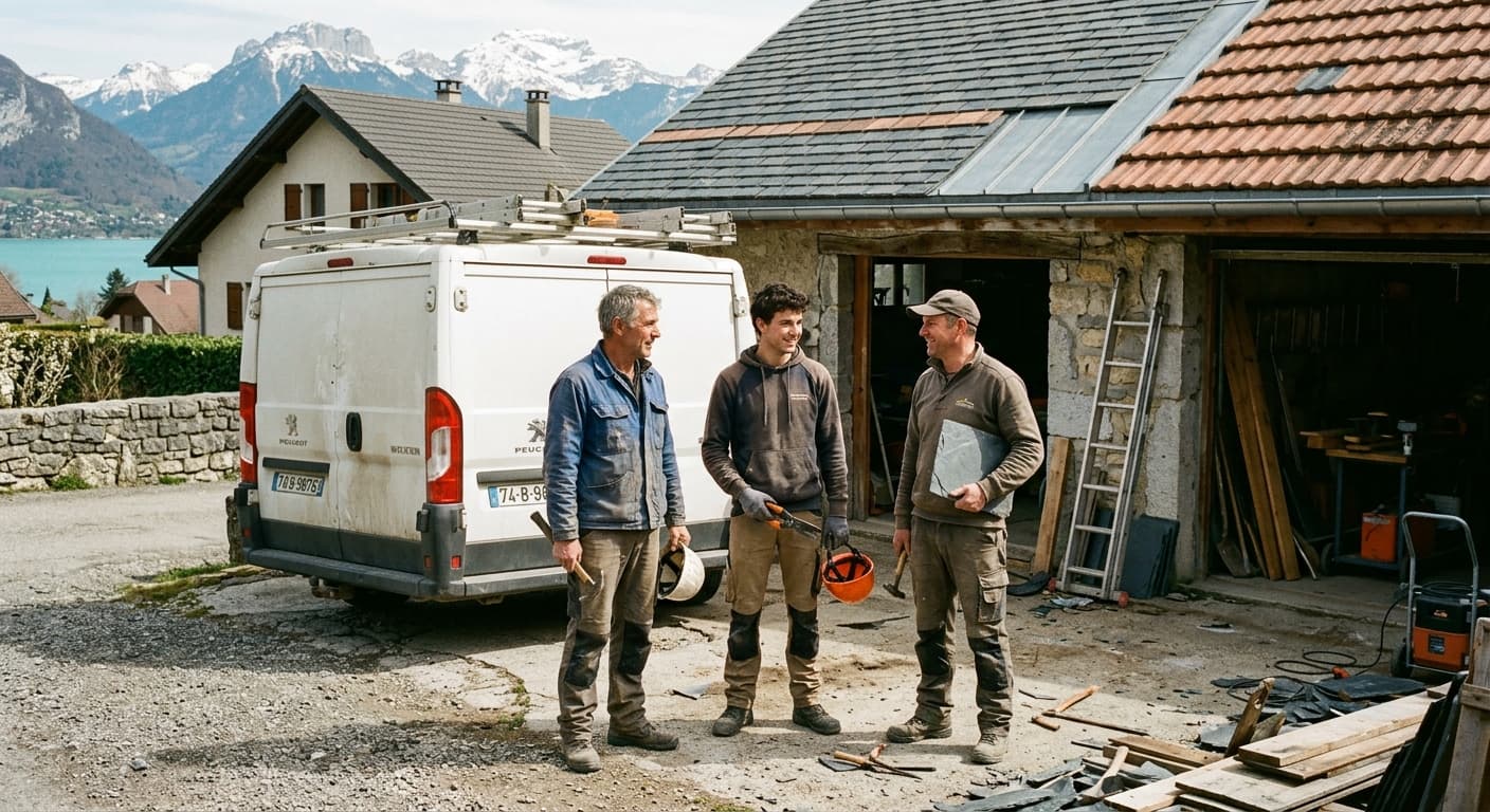 L'équipe familiale de Toiture Vasseur devant son atelier et sa camionnette
