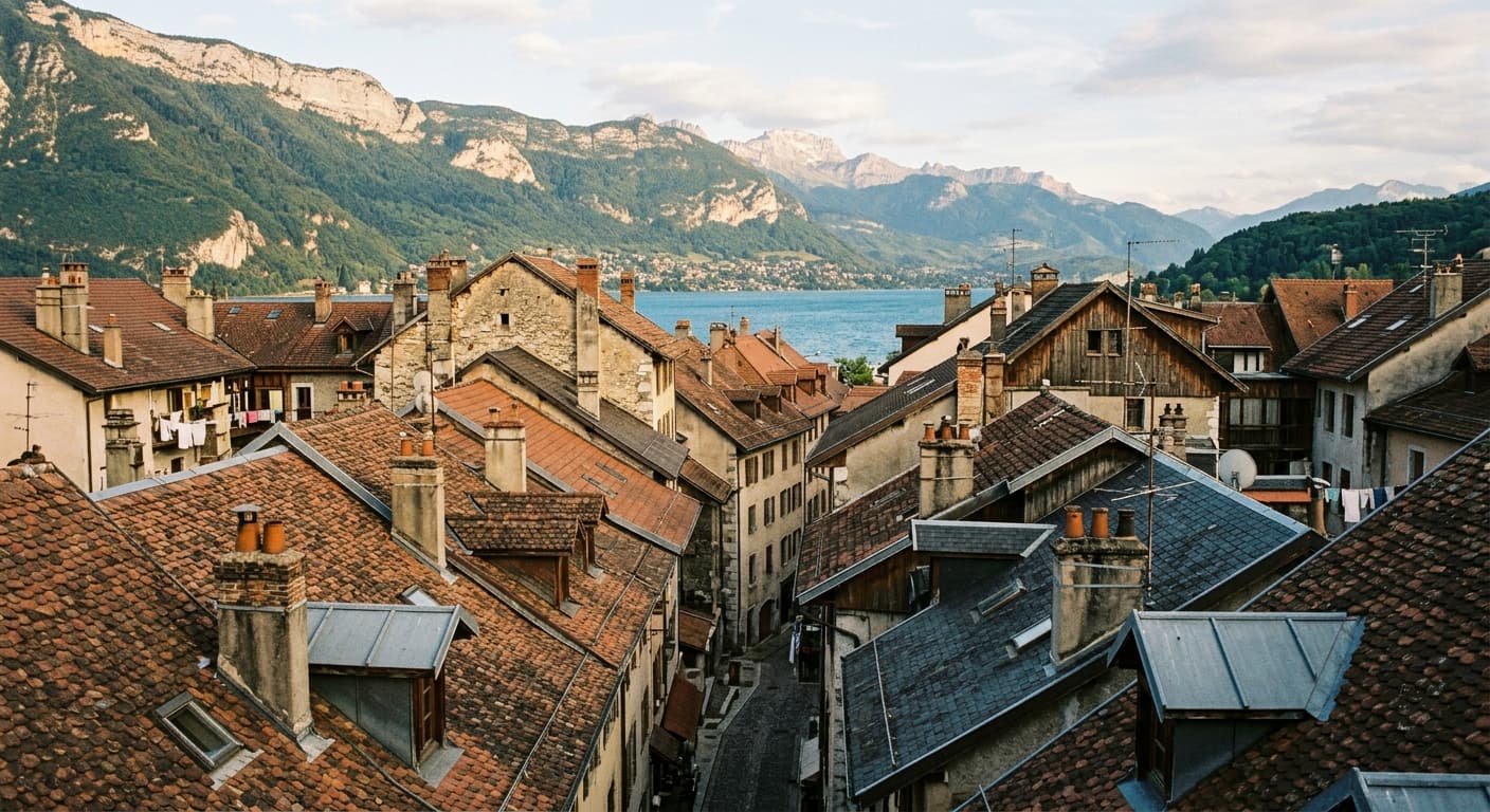 Toits d'Annecy avec le lac et les montagnes en arrière-plan, tuiles et ardoises