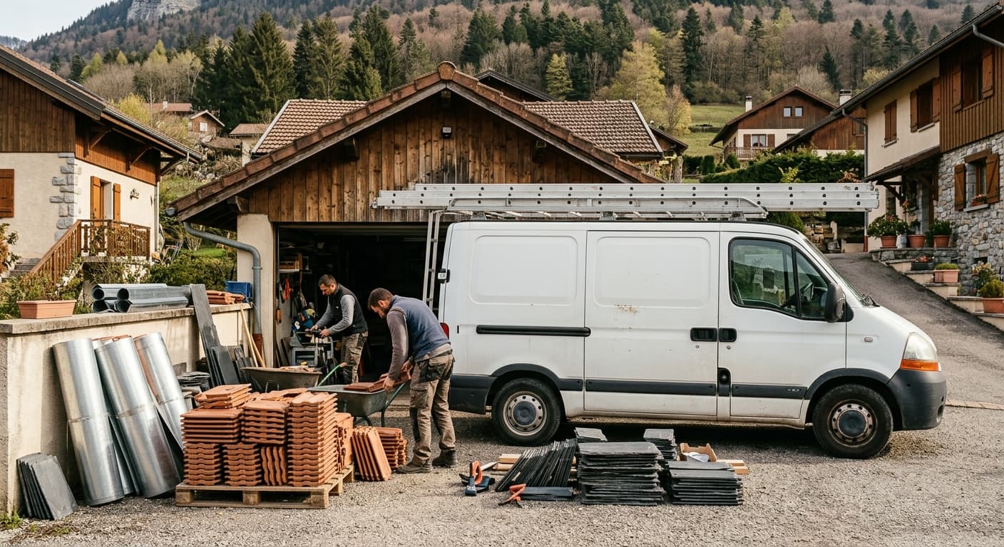 Atelier de couvreur à Seynod avec camionnette, rouleaux de zinc et tuiles