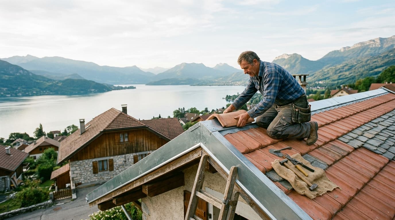 Couvreur de Toiture Vasseur au travail sur une toiture du bassin annécien, lac d'Annecy en arrière-plan