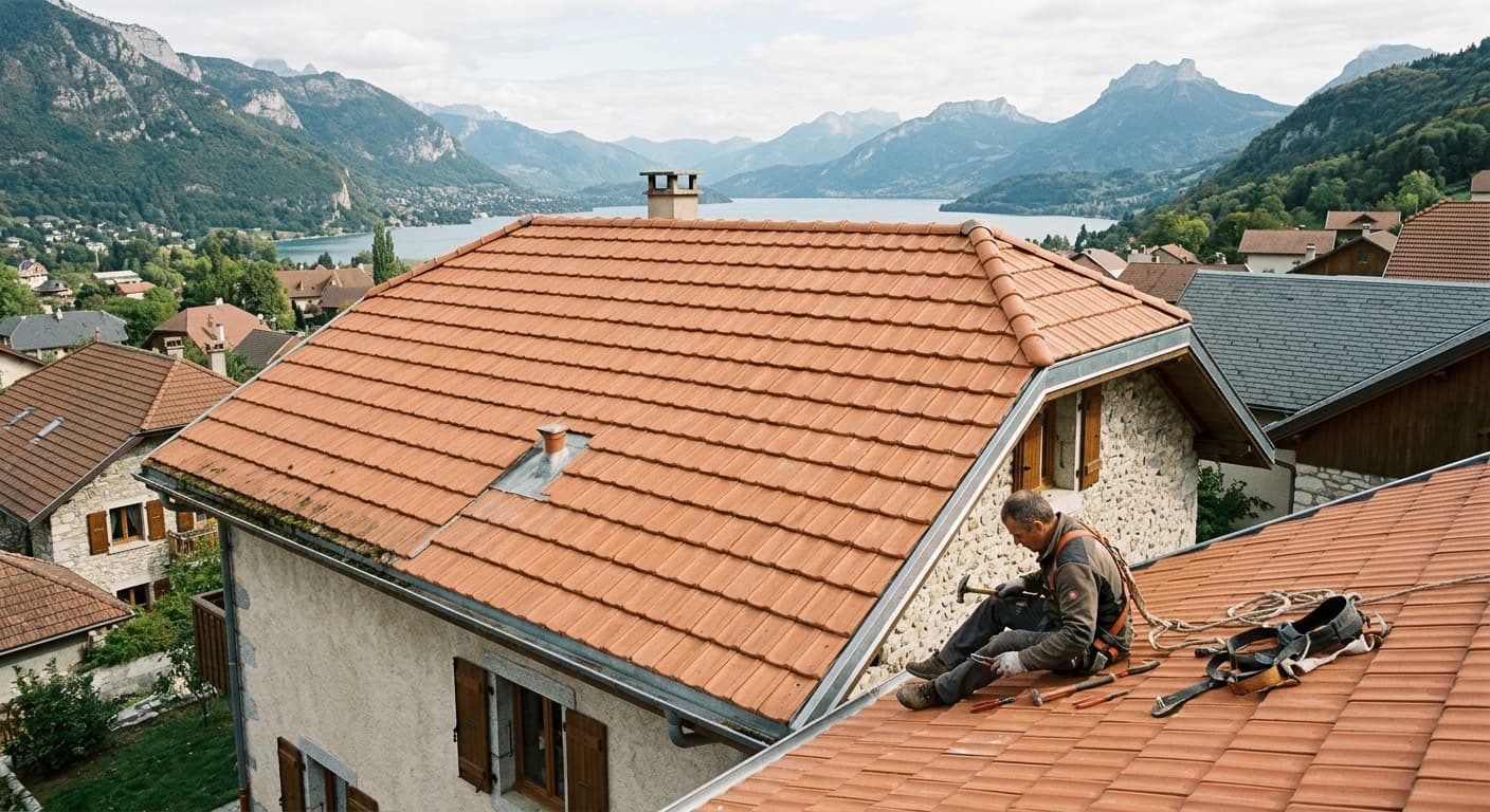 Toiture en tuiles assainie après démoussage à Annecy-le-Vieux
