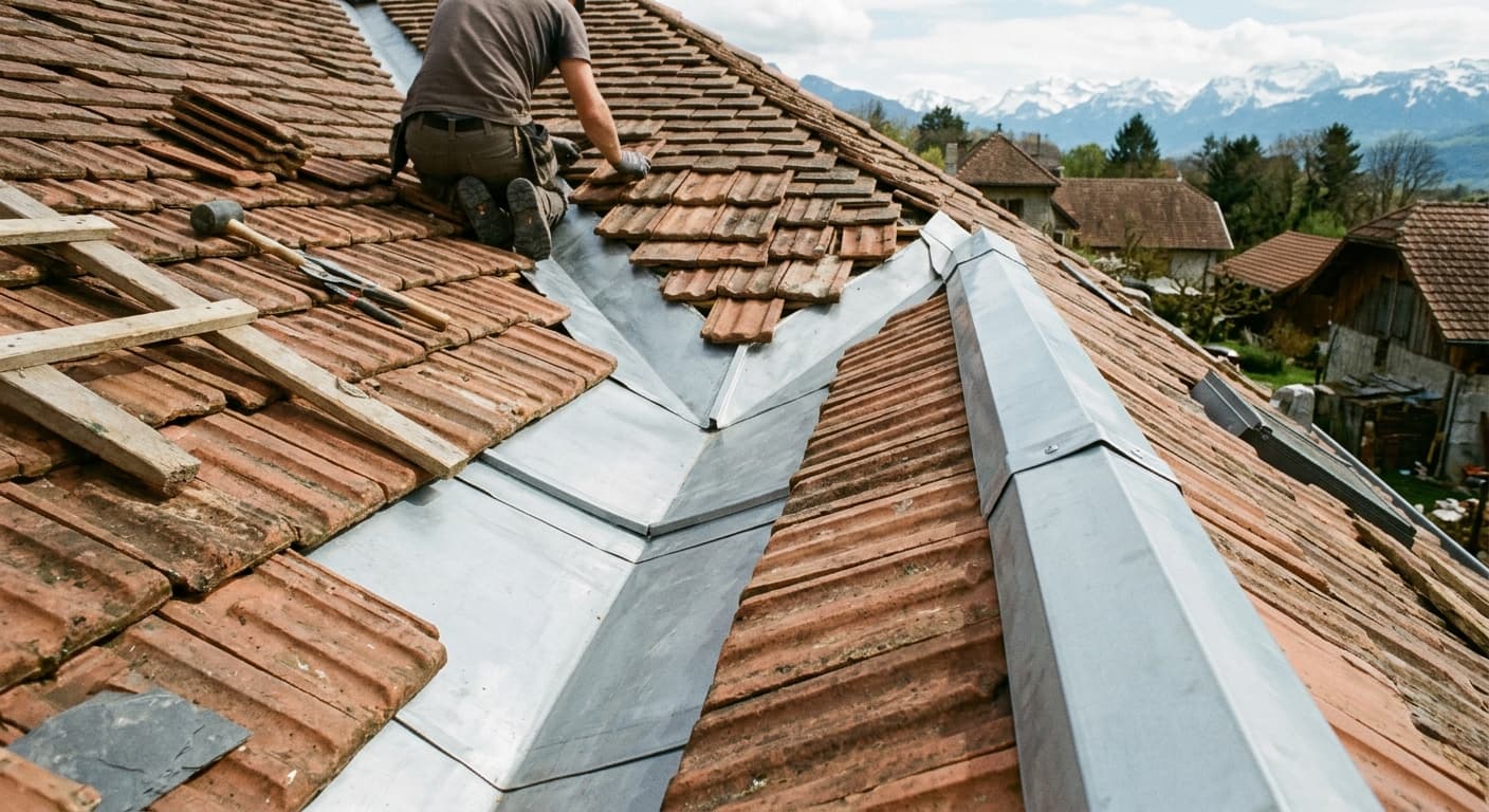 Noue en zinc neuve entre deux pans d'une toiture en tuiles à Annecy