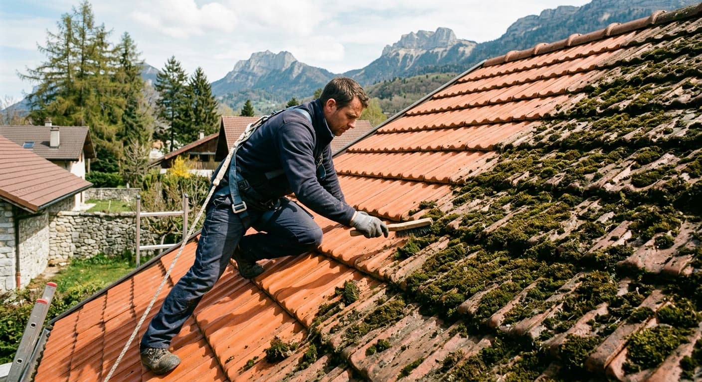 Toiture en tuiles avant et après démoussage sur une maison du bassin annécien