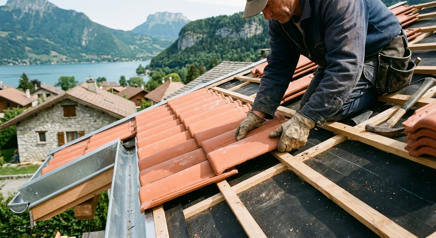 Réfection de toiture en tuiles sur une maison du bassin annécien, couvreur au travail