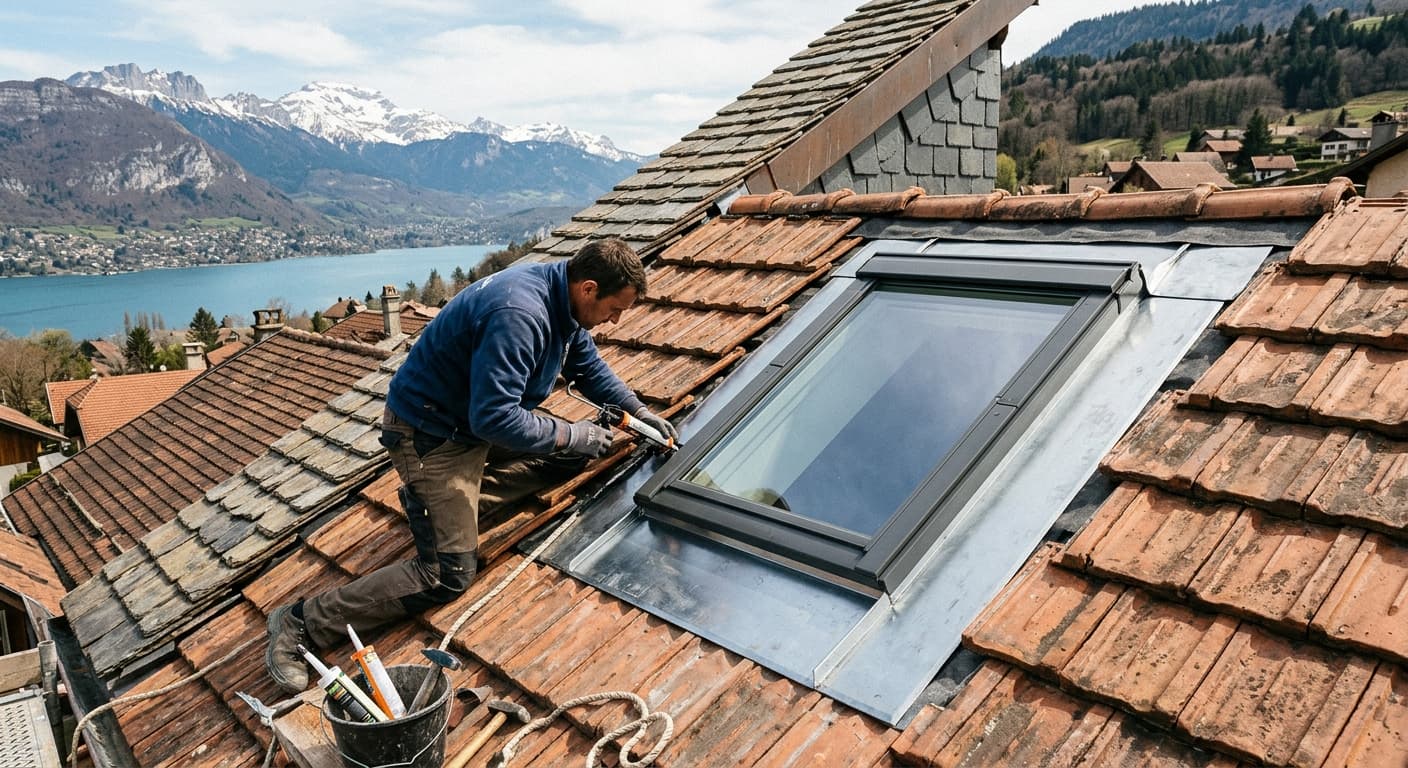 Fenêtre de toit Velux posée avec raccord de zinguerie étanche sur une toiture en tuiles