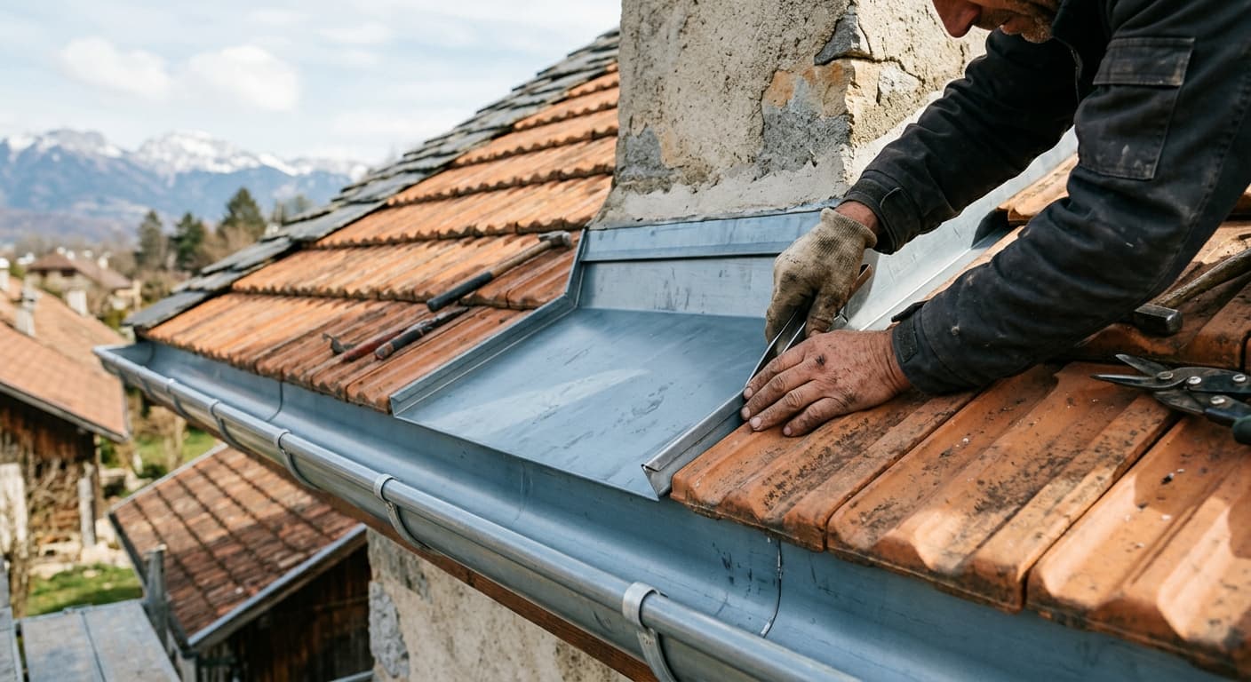 Gouttière et solin en zinc neufs posés sur une toiture en Haute-Savoie