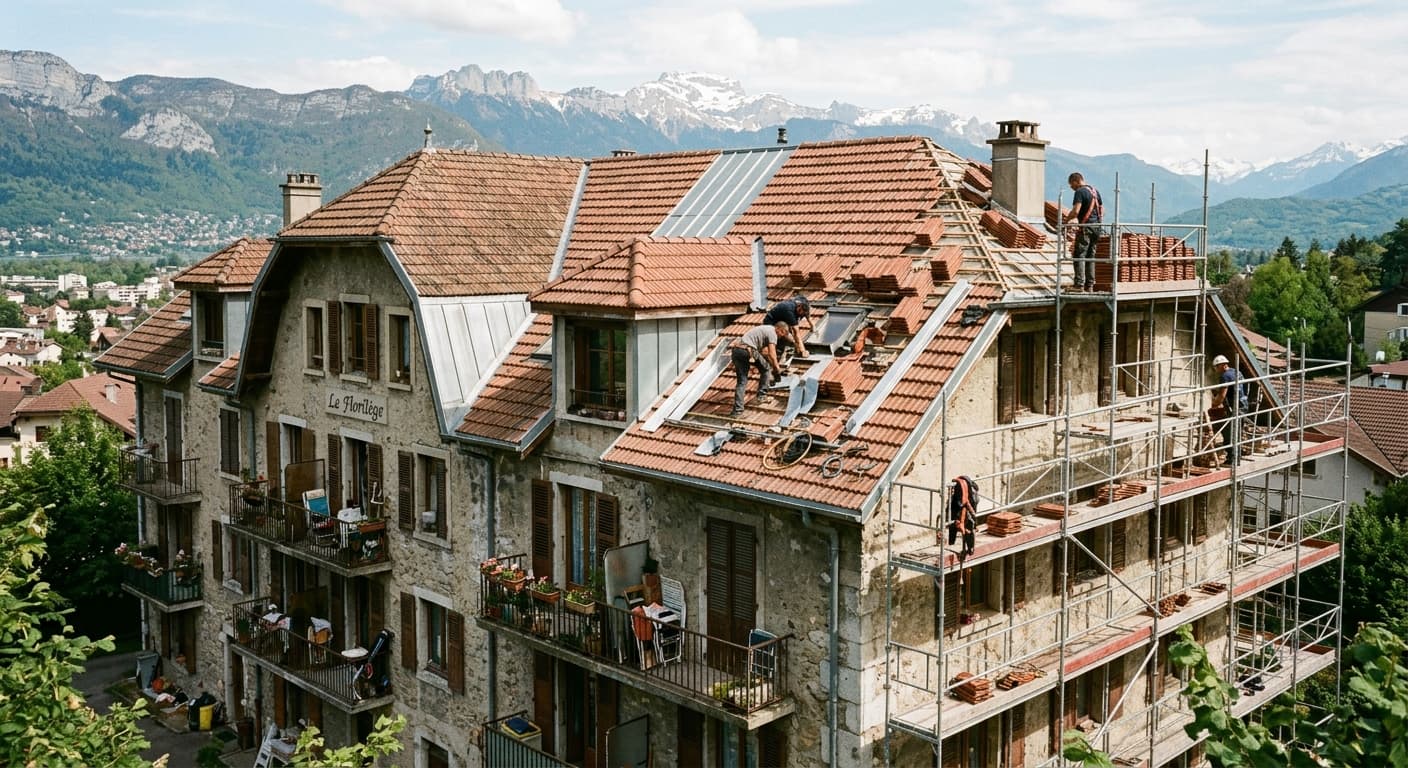 Toiture de copropriété en cours d'intervention dans le bassin annécien